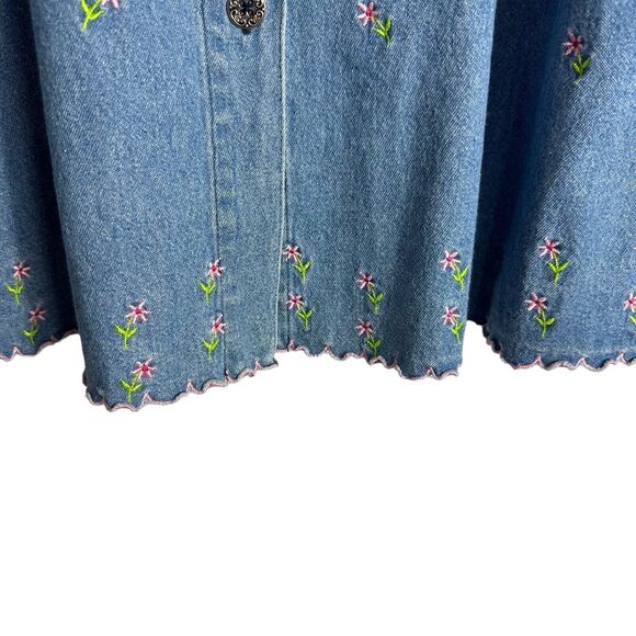 Vintage Toffee Apple Embroidered Shirt Women's Large Denim Flowers Scalloped Hem - Picture 4 of 11